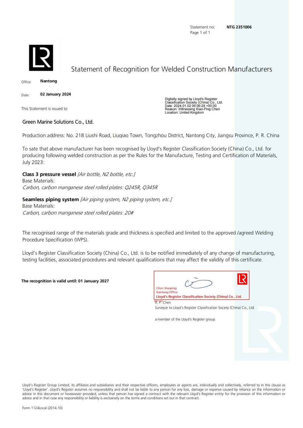 LR Manufacturer Approval Certificate LR Manufacturer Approval Certificate