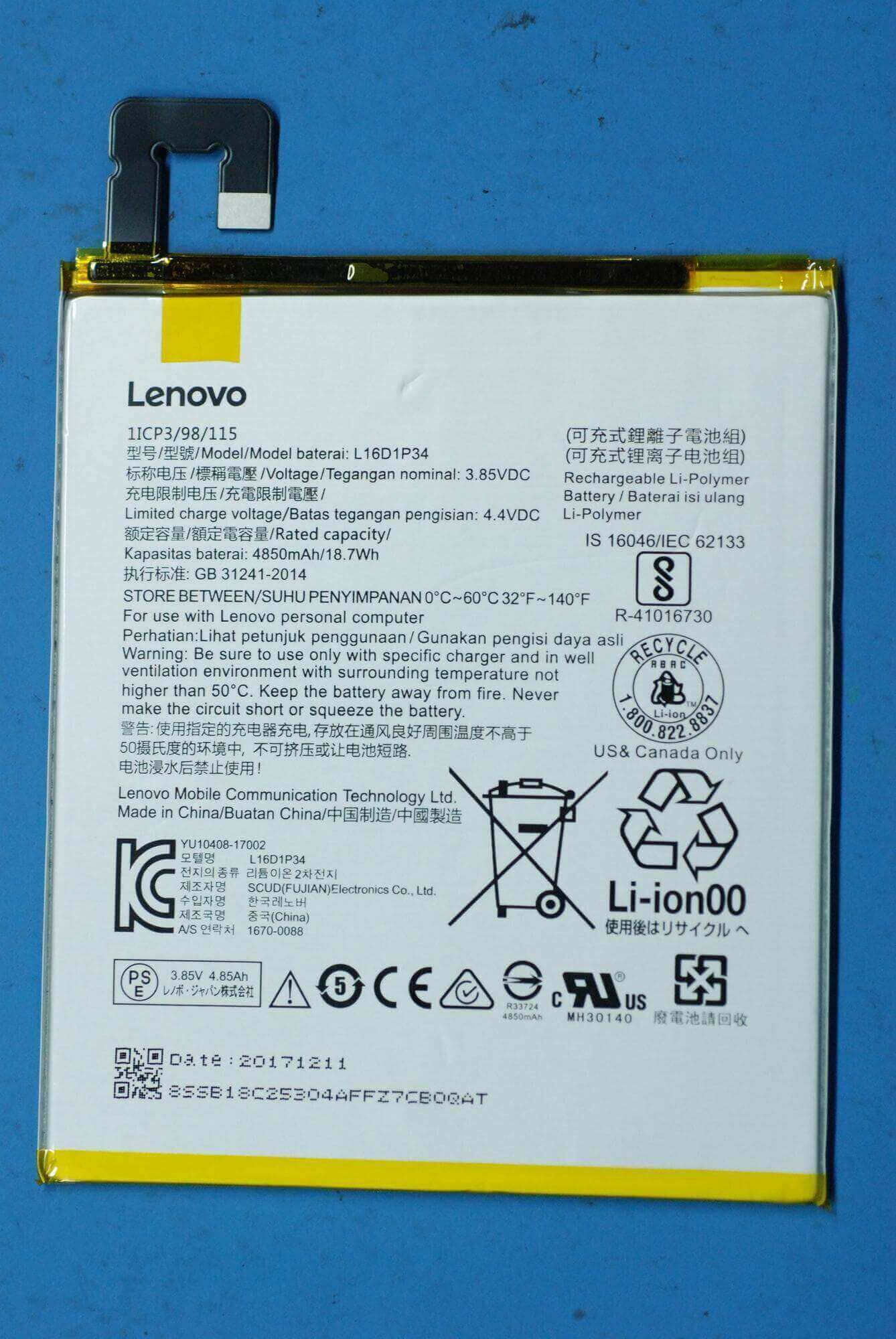 SB18C46553 Lenovo Tab E10 Tablet XWD-C-LB L16D1P34 3.85V 18.7Wh 1cell Battery