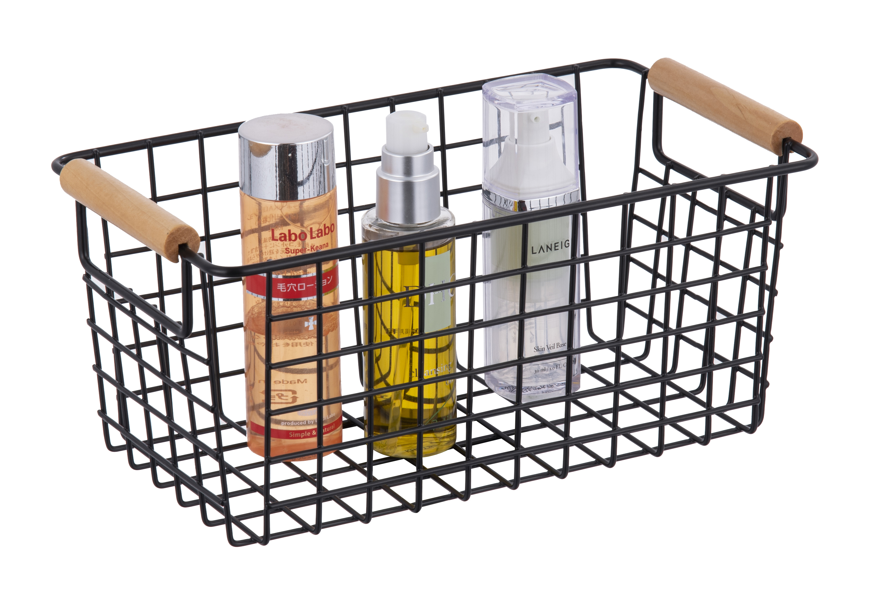 Stackable storage basket with bamboo handle