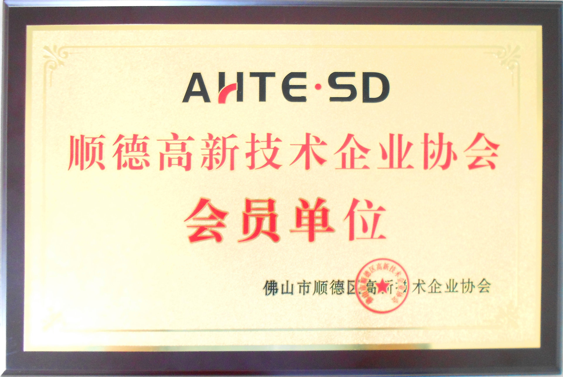 Shunde High-tech Enterprise Association member plaque