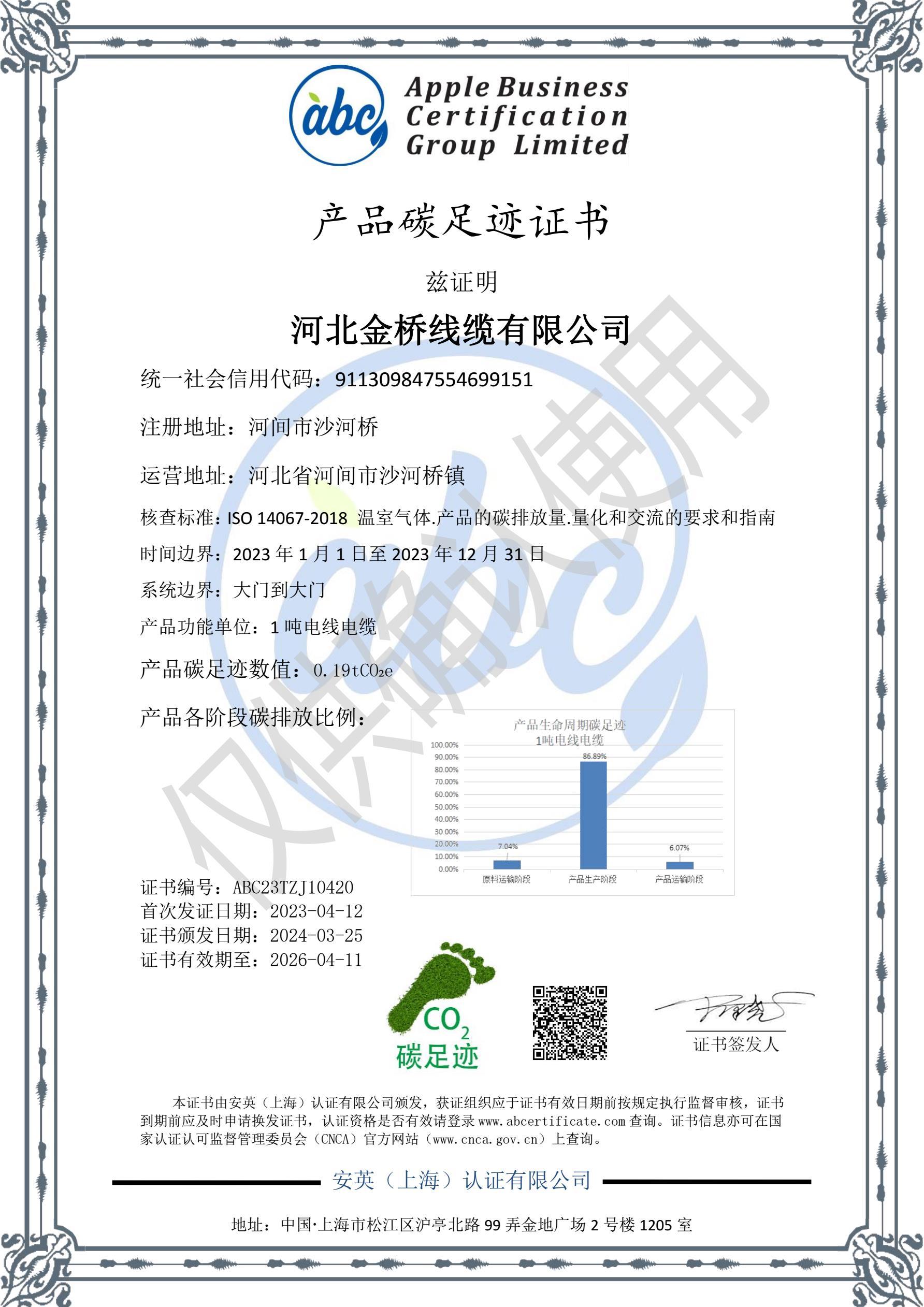 河北金桥线缆有限公司-碳足迹
