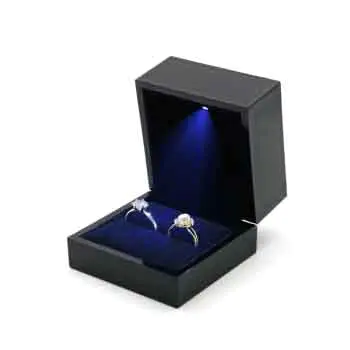 Solid Wood High-gloss Lacquer Blue LED Light Pair Wooden Ring Box