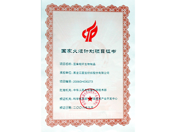 国家火炬计划项目证书