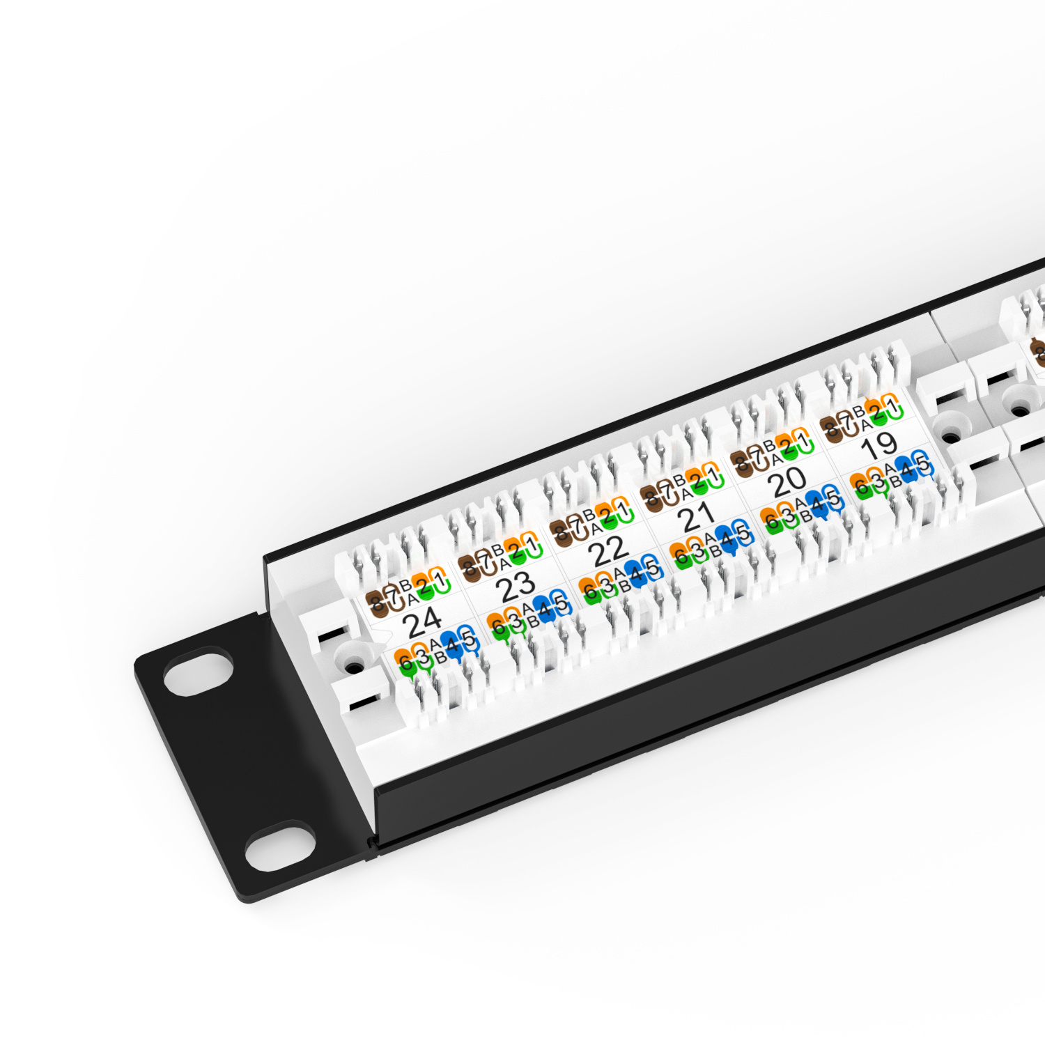 Panel de conexiones UTP en blanco con barra trasera, 24 puertos
