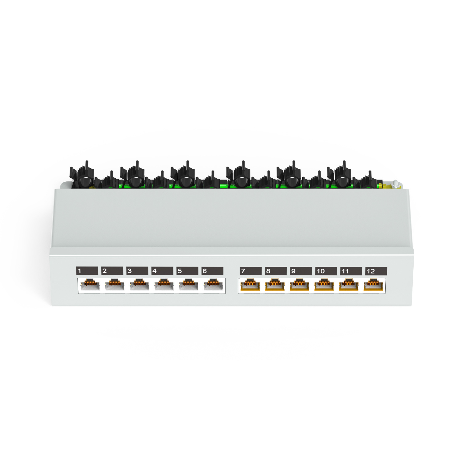 90° 12-Port Shielded Wall-Mounted Patch Panel (Without Ears) 90° 12-Port Shielded Wall-Mounted Patch Panel (Without Ears)