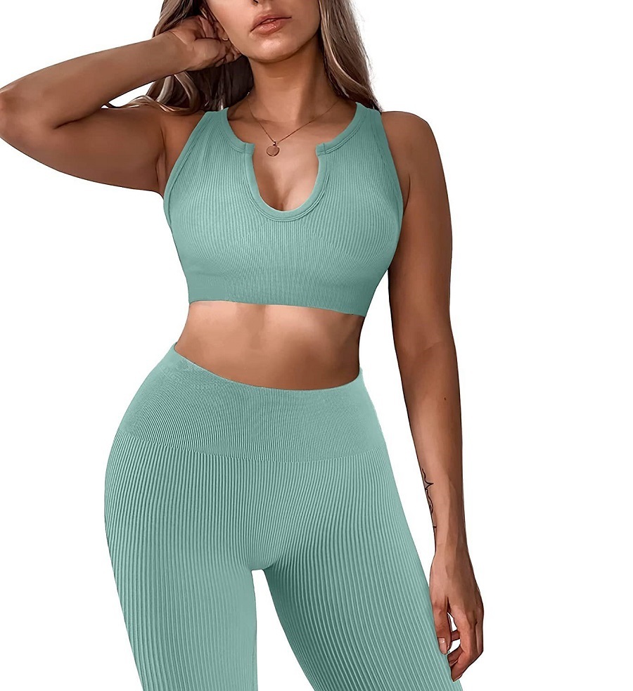 FREE SAMPLE Women 2 Pieces Workout Set High Waist Seamless Yoga Outfit Ribbed Sports Bra V Neck Sleeveless Activewear