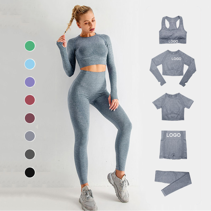 Wholesale Five-piece Fitness Suit High Waist Ladies Seamless Sports Shirts Crop Top Leggings Yoga Set