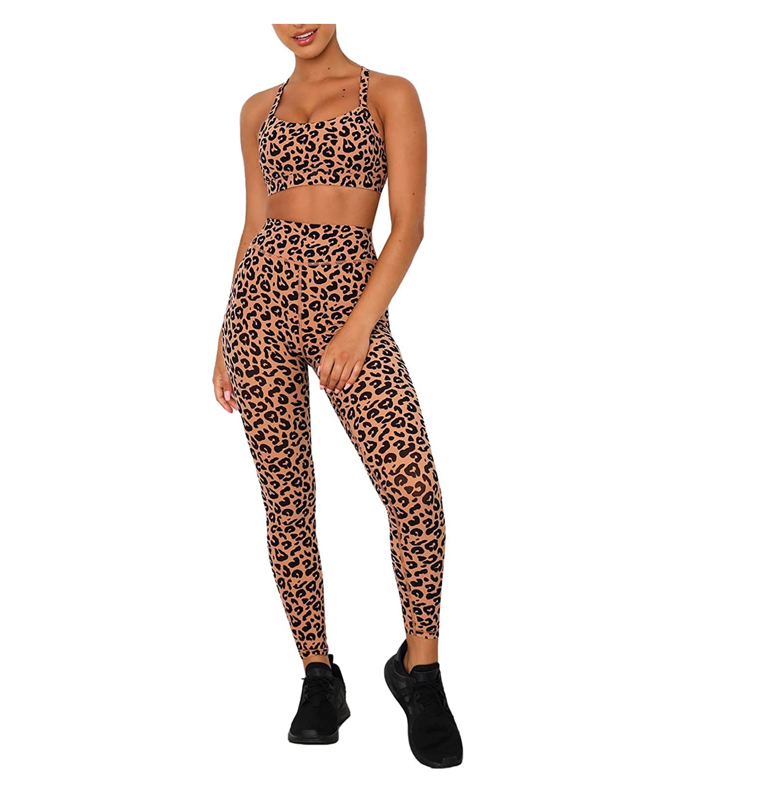 FREE SAMPLE Women's Leopard Print Workout Yoga Outfit Leggings Crop Top with Sports Bra Gym Clothes Set
