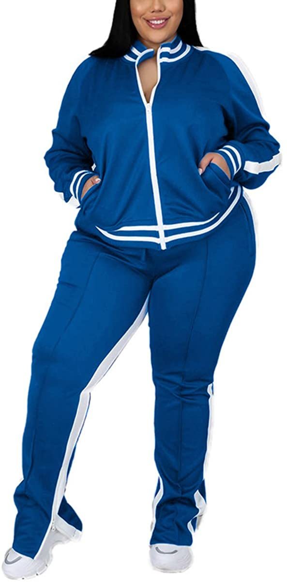 FREE SAMPLE Women's Plus Size Tracksuit Jogging Sweatsuit Yoga Suit Stripe Cold Shoulder Zipper Coat Slit Long Sweatpants