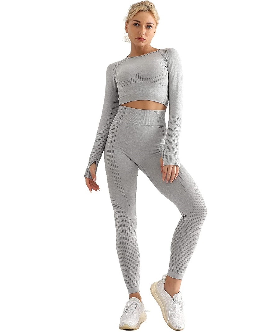 FREE SAMPLE Women's Seamless Exercise Set Yoga Gym 2 Piece Long Sleeve Top +Tights