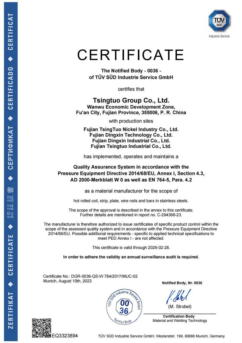 Pressure Equipment Directive Certificate (PED4.3+AD2000) Pressure Equipment Directive Certificate (PED4.3+AD2000)