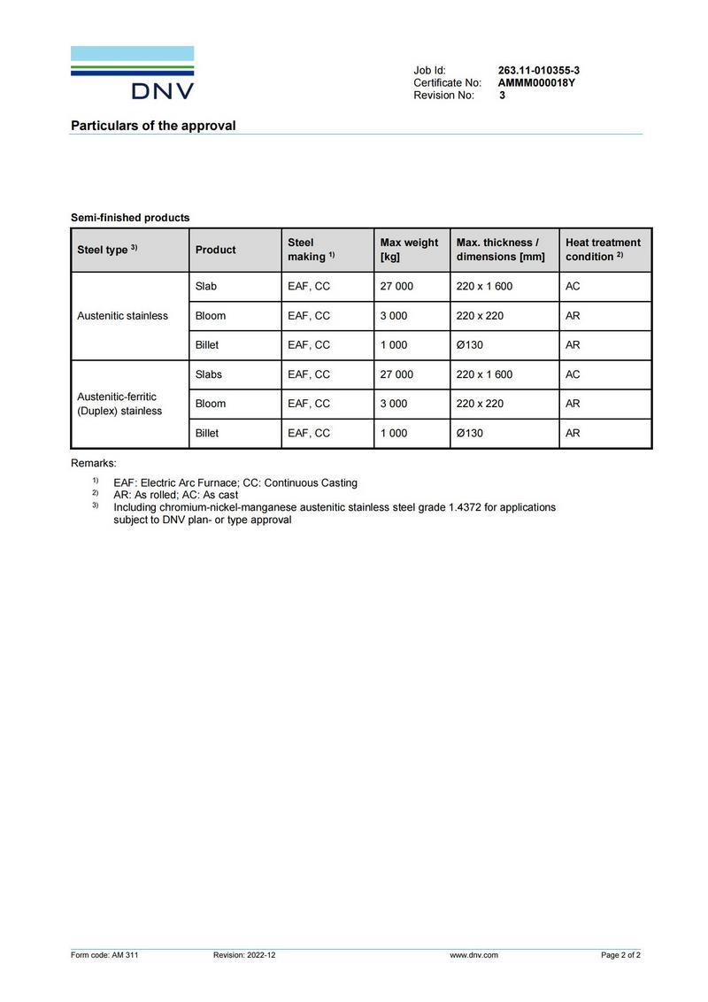 Det Norske Veritas (DNV) – billets, tube blanks, slabs Det Norske Veritas (DNV) – billets, tube blanks, slabs