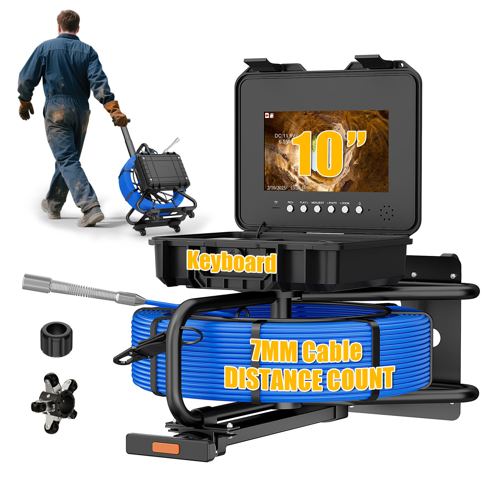 7MM Pipeline Inspection Camera with Trolley & DVR - IP68 Sewer Endoscope, 512Hz Leveling, 10" Screen