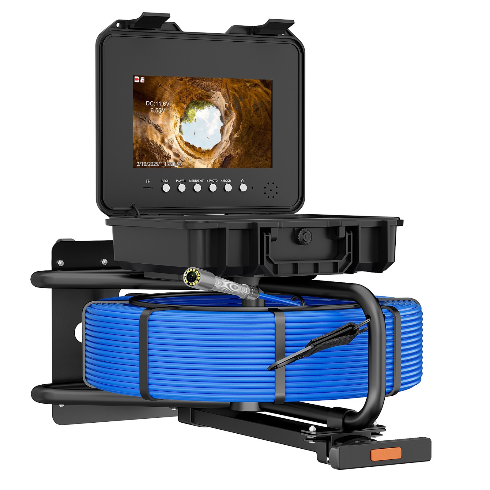 10.1 Inch Sewer Pipe Camera 7MM Cable 1080P AHD, Auto-Leveling Locator & Meter DVR Keyboard Trolley Pull Rod