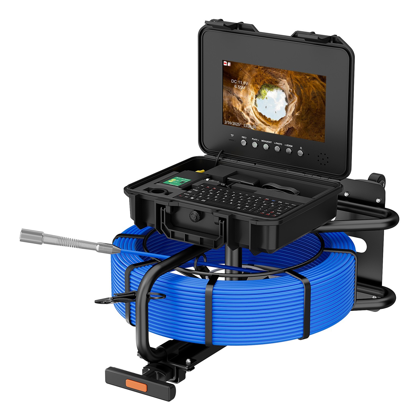 10.1 Inch Sewer Pipe Camera 7MM Cable 1080P AHD, Auto-Leveling Locator & Meter DVR Keyboard Trolley Pull Rod