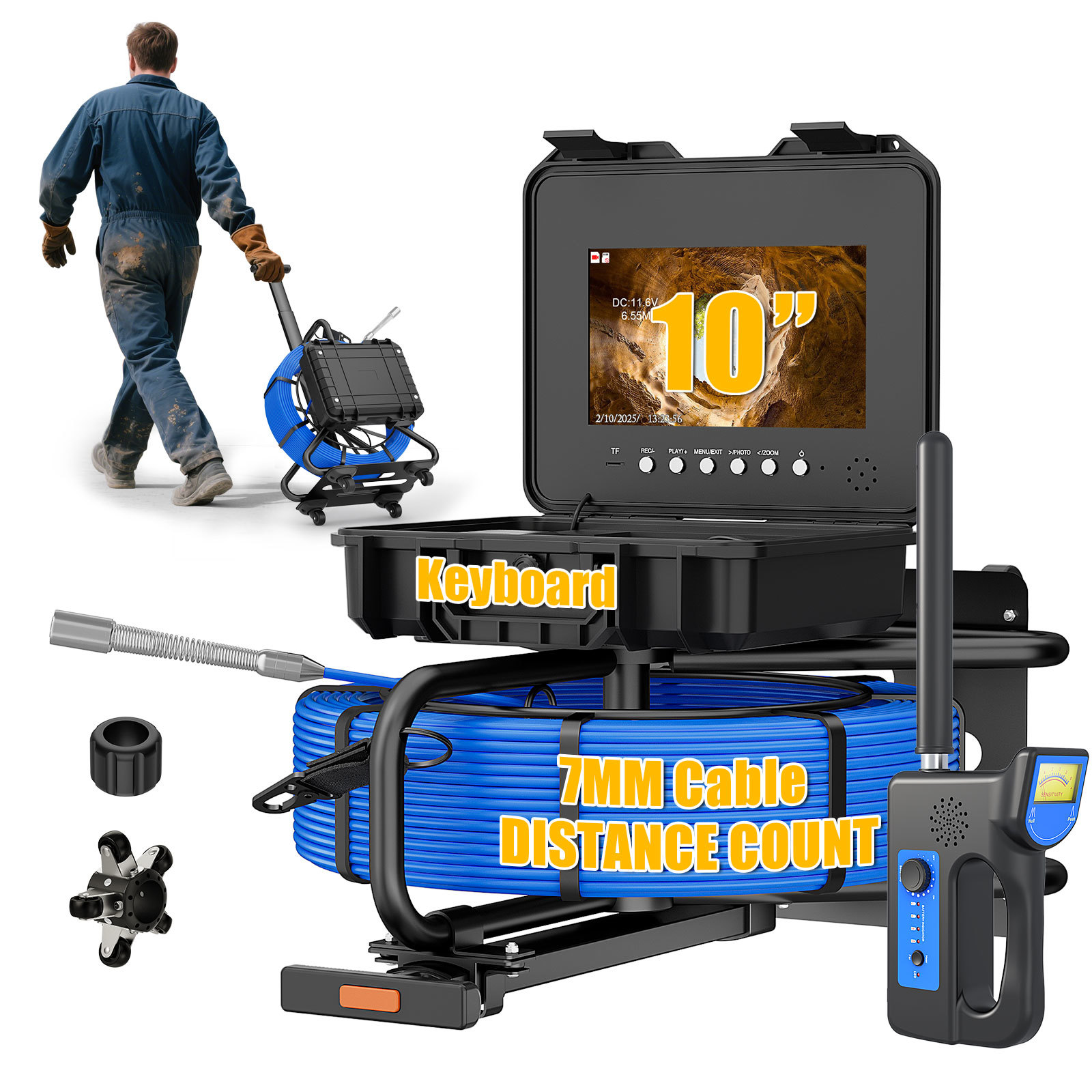 10.1 Inch Sewer Pipe Camera 7MM Cable 1080P AHD, Auto-Leveling Locator & Meter DVR Keyboard Trolley Pull Rod