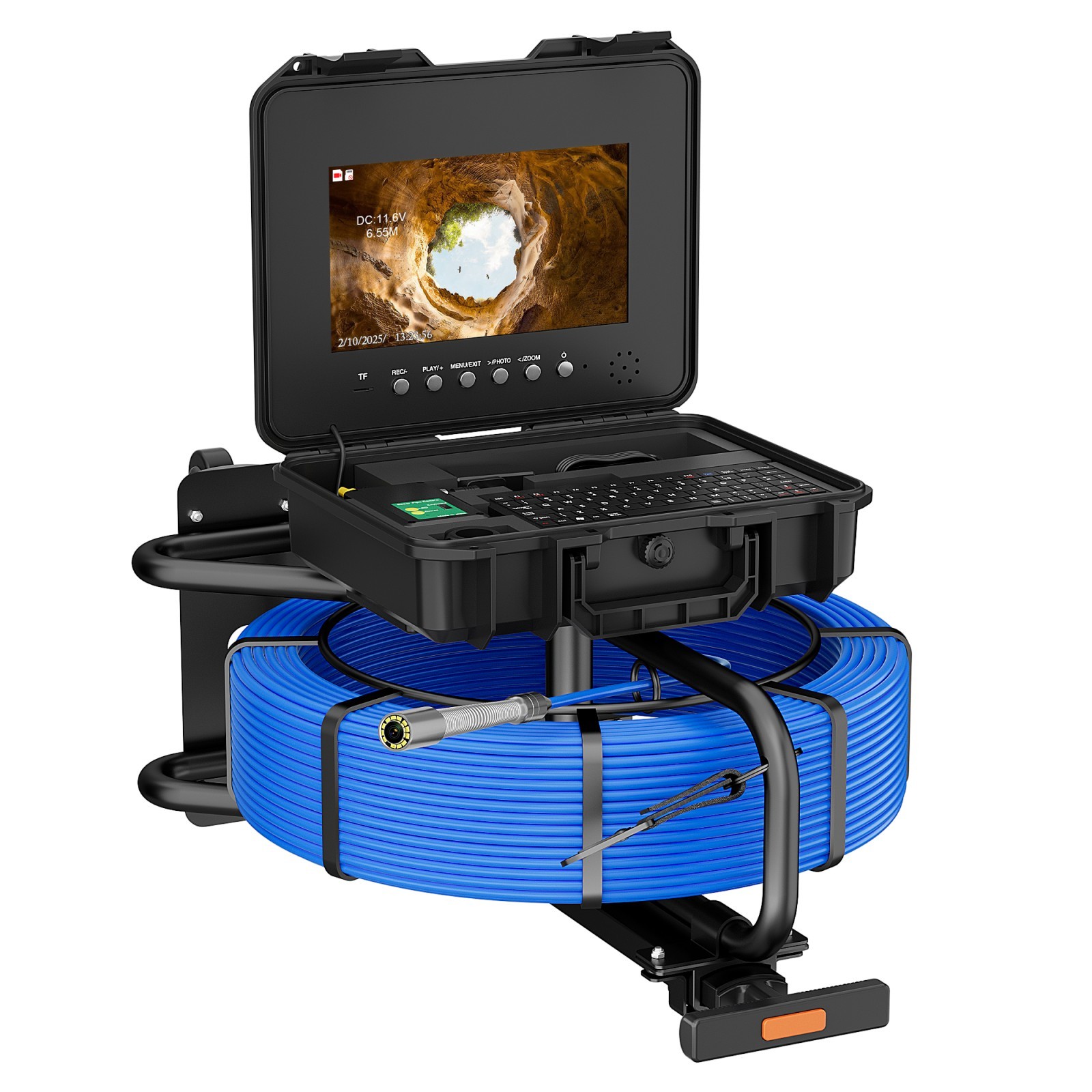 10.1 Inch Sewer Pipe Camera 7MM Cable 1080P AHD, Auto-Leveling Locator & Meter DVR Keyboard Trolley Pull Rod