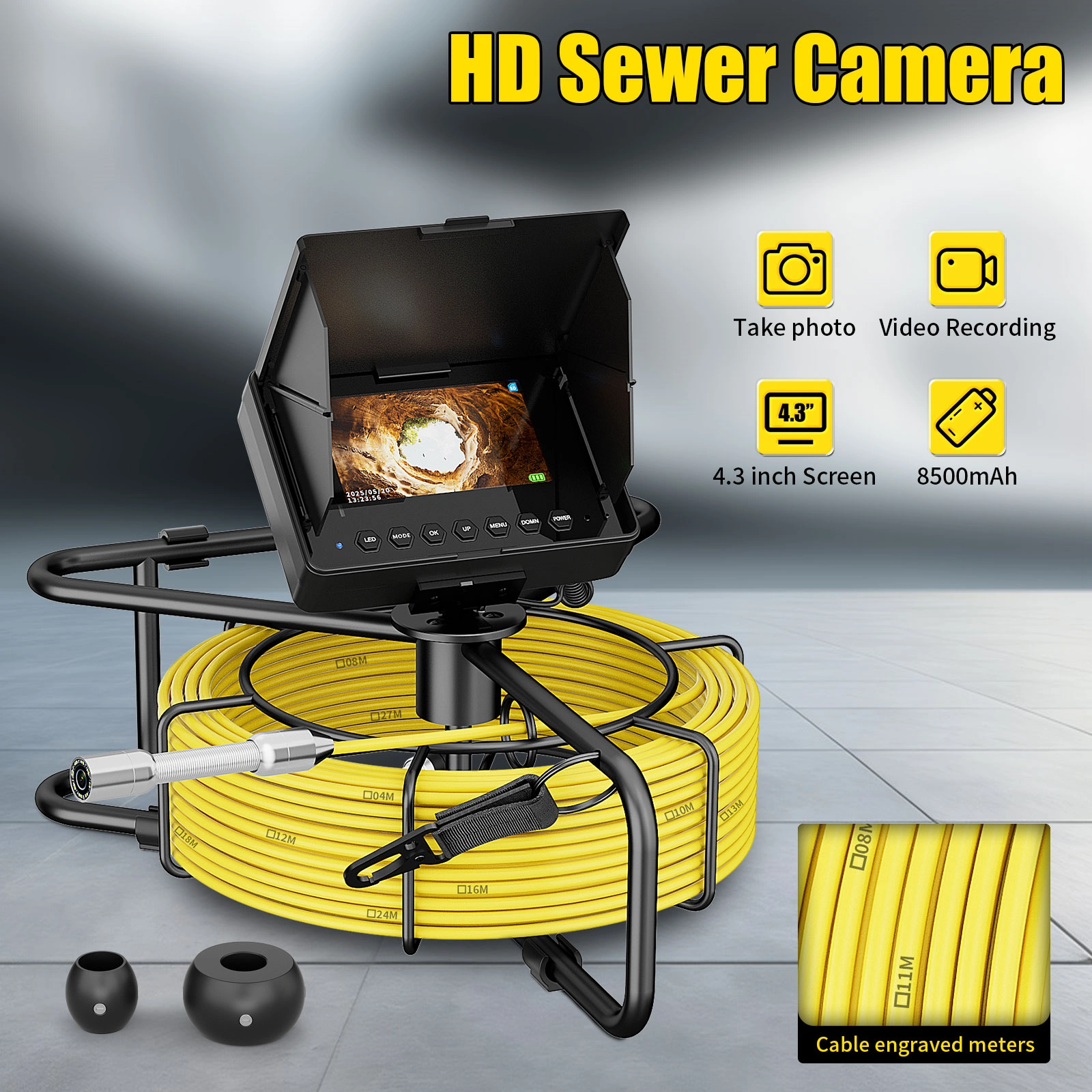 4.3-Inch HD Sewer Pipeline Inspection Camera, 10M Cable with Meter Markings