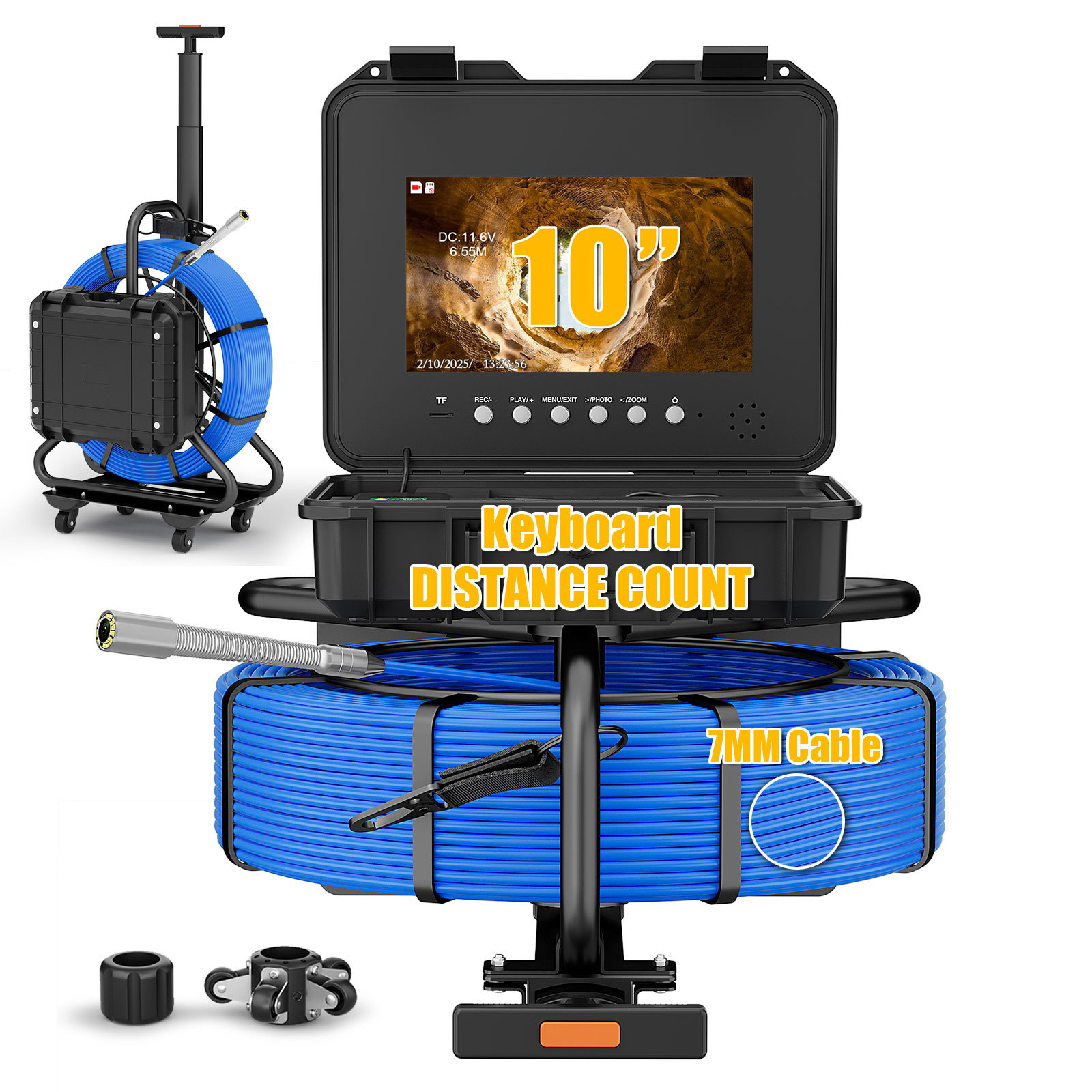 7MM Pipeline Inspection Camera with Trolley & DVR - IP68 Sewer Endoscope, 512Hz Leveling, 10" Screen