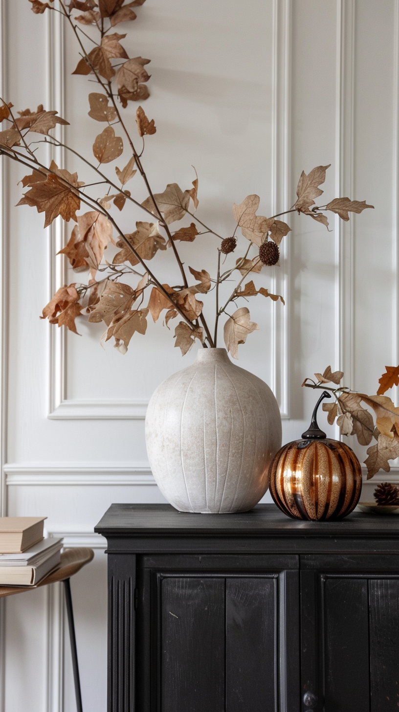 Dried leaves and natural tones bring a quiet elegance to ceramic vases — perfect for minimal autumn styling.