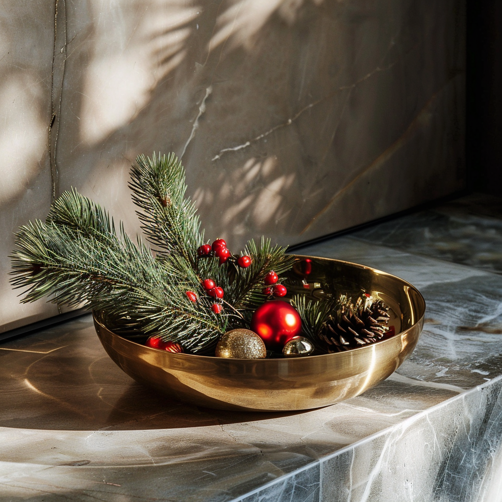 Christmas decorative bowl centerpiece filled with ornaments, pinecones, and gold accents on a stone tabletop, minimalist modern design.