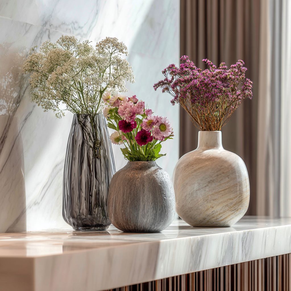 three different height vases with fresh flowers in elegant interior