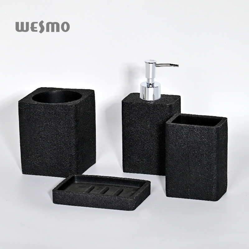 Hotel Bathroom Decor Items 4pcs Simple Black Sand Stone Foam Hand Lotion Dispenser Resin Bathroom Sets