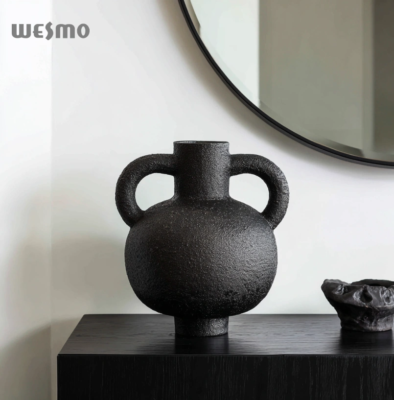 Sculptural Black Ceramic Vase with Round Body & Dual Handles