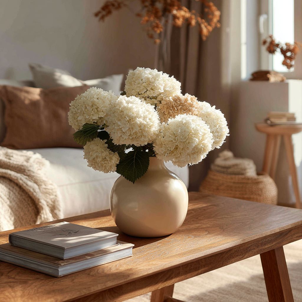 matte ceramic vase with hydrangeas in cozy living room