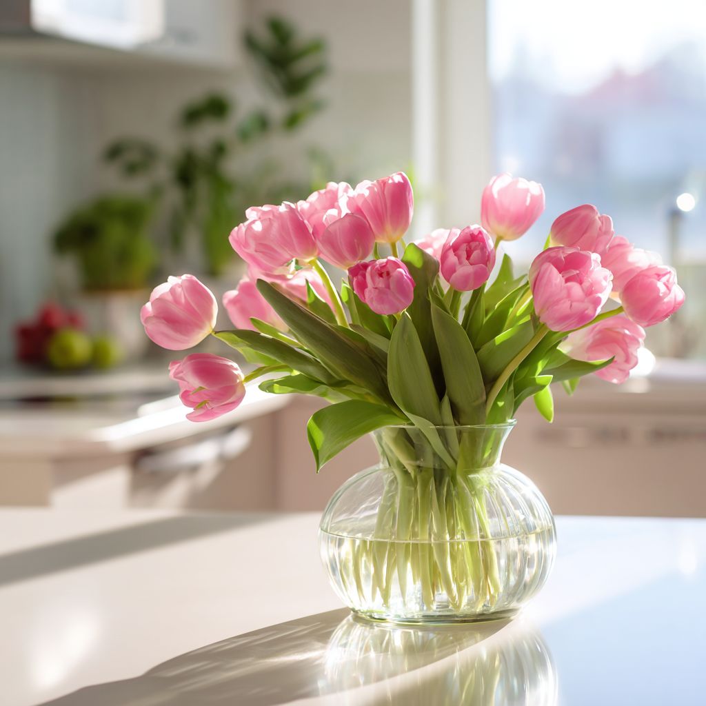 clear glass vase with pink tulips on kitchen table