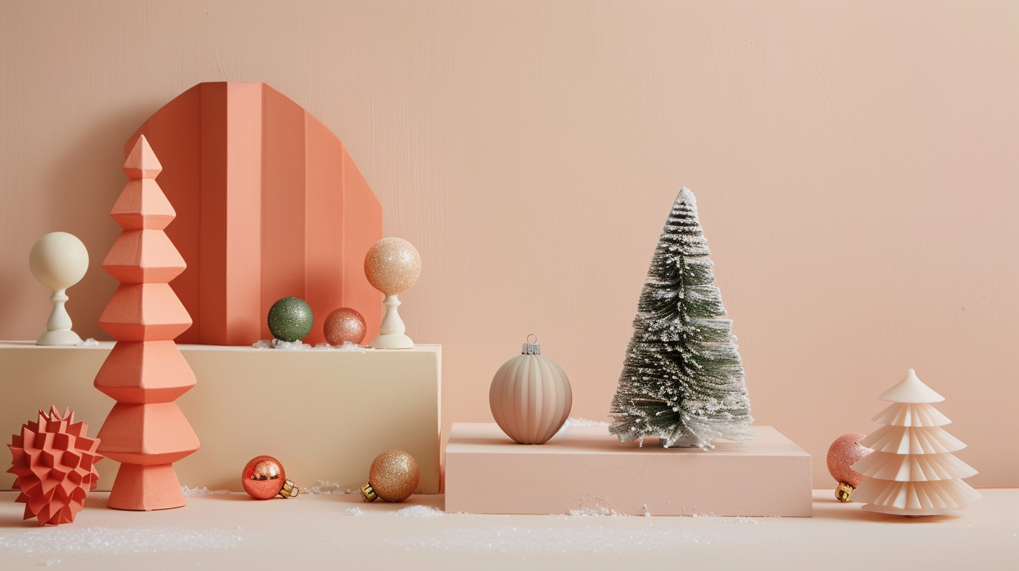 Minimal Christmas tabletop art composition with resin figurines and ornaments, geometric layout with neutral background for text overlay.