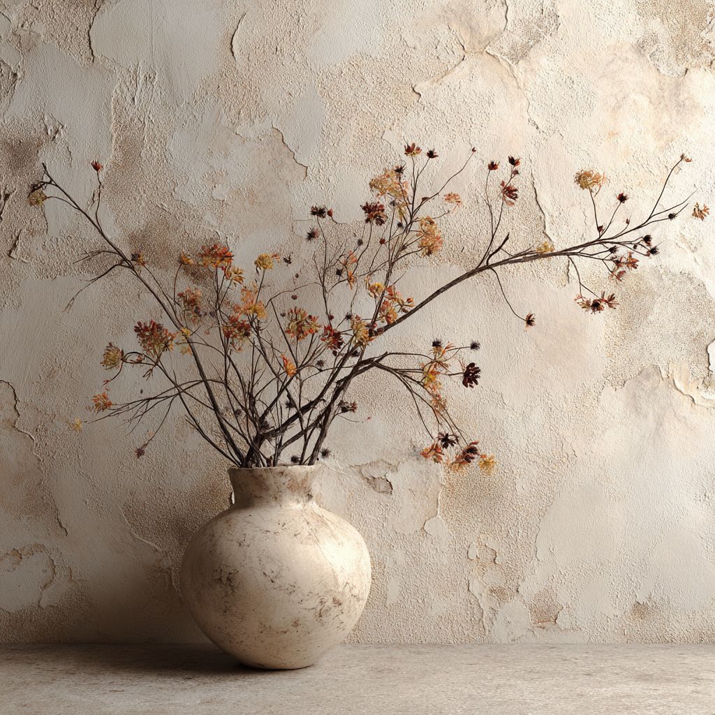 neutral resin vase with wildflowers and branches in rustic setting