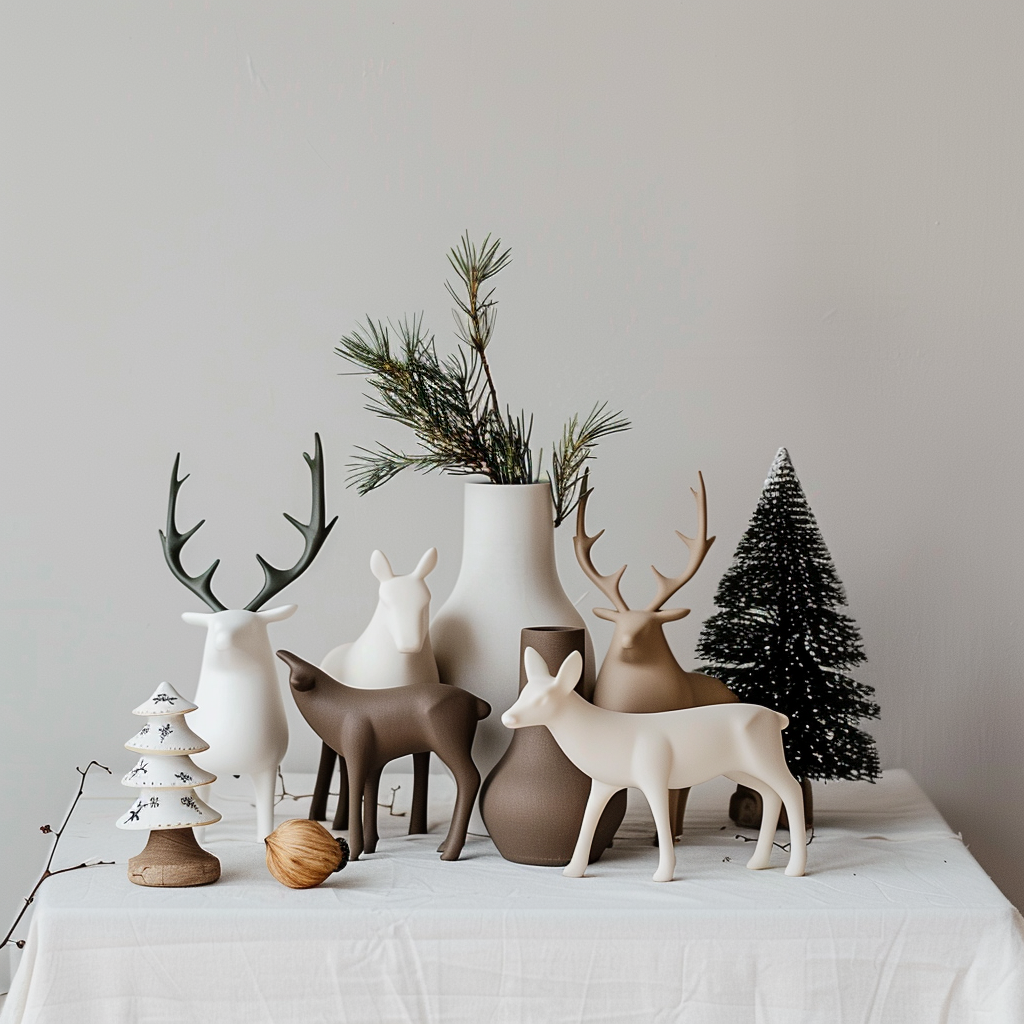 Modern resin reindeer figurines arranged on a white tabletop with pine accents, minimal Scandinavian Christmas still life.