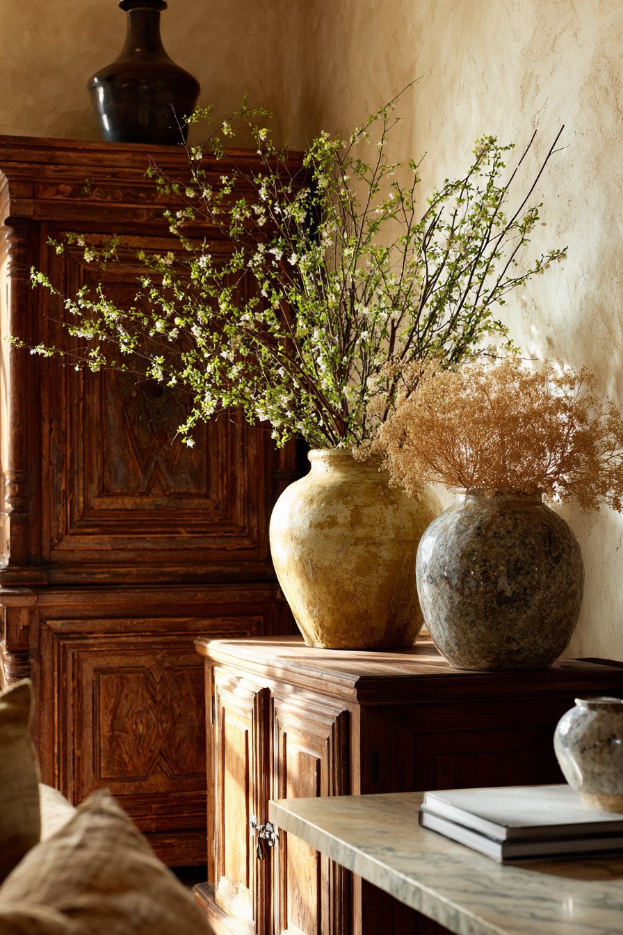 Pairing vases of different shapes and textures creates a timeless statement in any interior.