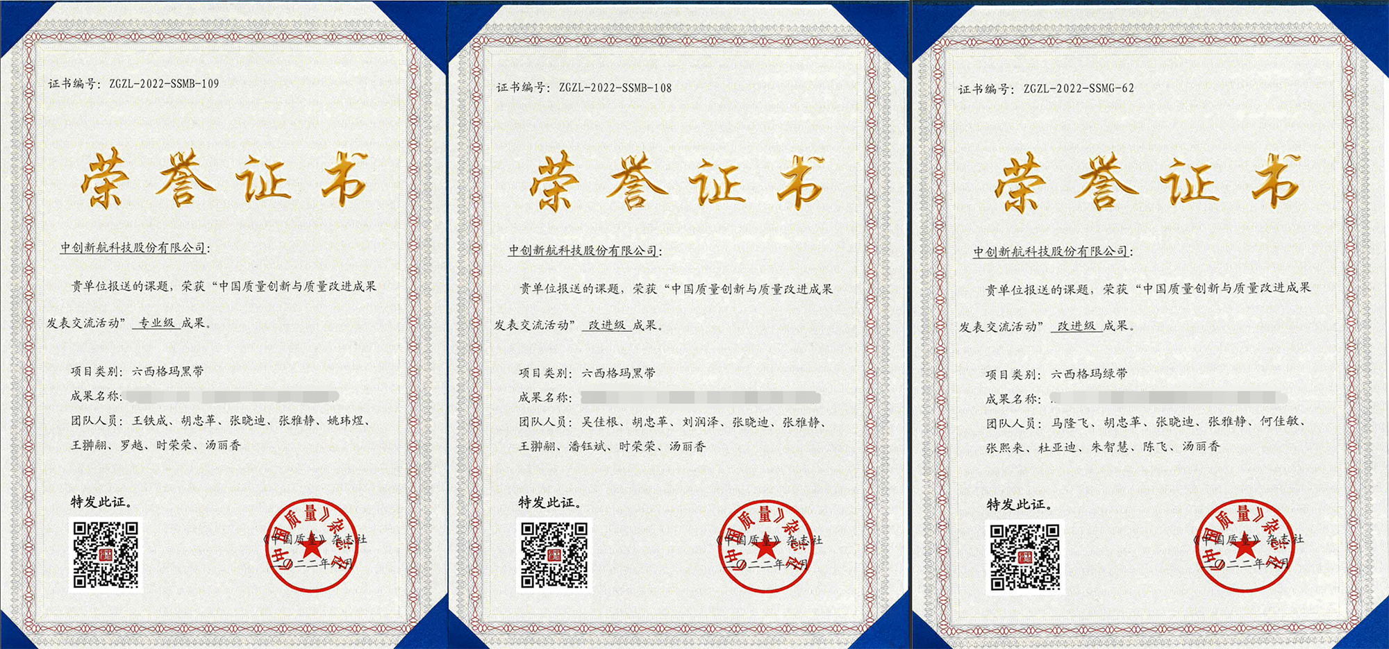 2022 China Quality Association Six Sigma Three Achievement Awards