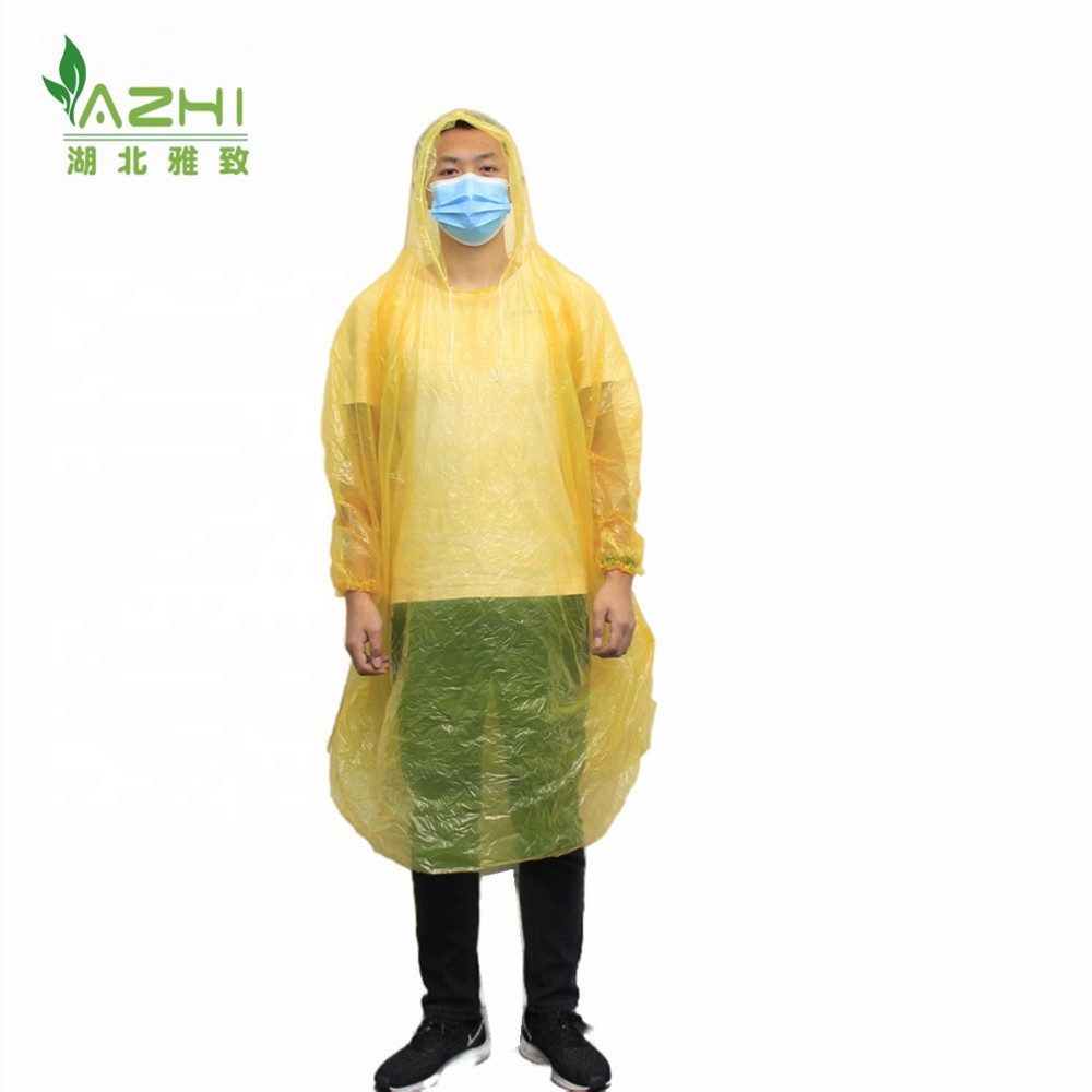 Hubei manufacturer Reusable cheap rain coat with hood caps plastic PE raincoat waterproof yellow poncho unisexx