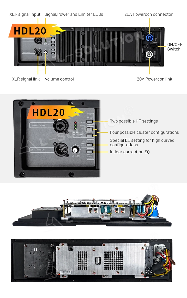 The HDL20 features ON/OFF switching, XLR signal input with volume control, 20A Powercon connectivity, dual HF settings, four cluster configurations (including a special E0 mode for curved setups), balanced inputs, and indoor EQ correction—all monitored via signal, power, and limiter LEDs.