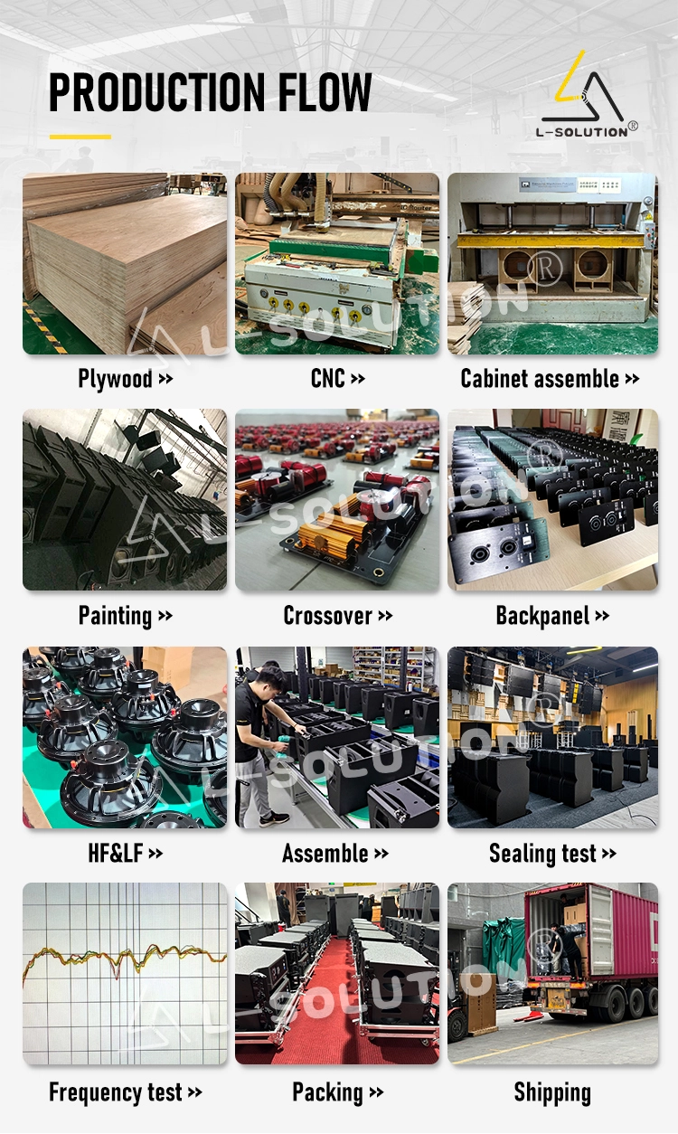 Our production flow seamlessly integrates precision engineering, from CNC-machined plywood and meticulous painting to HF/LF component installation, rigorous frequency testing, and final sealing checks, ensuring every L-SOLUTION cabinet meets our exacting standards before shipping.