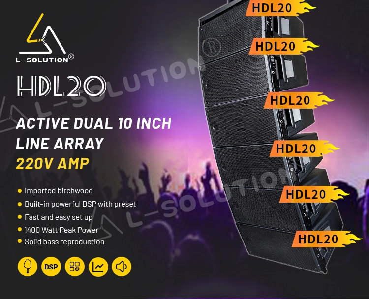 The HDL20 is a powerful active dual 10" line array with a 220V amplifier, crafted from imported birchwood, featuring built-in DSP presets, 1400W peak power, and solid bass reproduction for fast, easy setup and professional-grade sound.