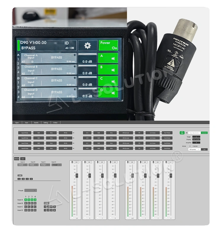 A close-up of the LCD control screen of L-solution performance amplifier D90 and display of the computer control software-powersoft