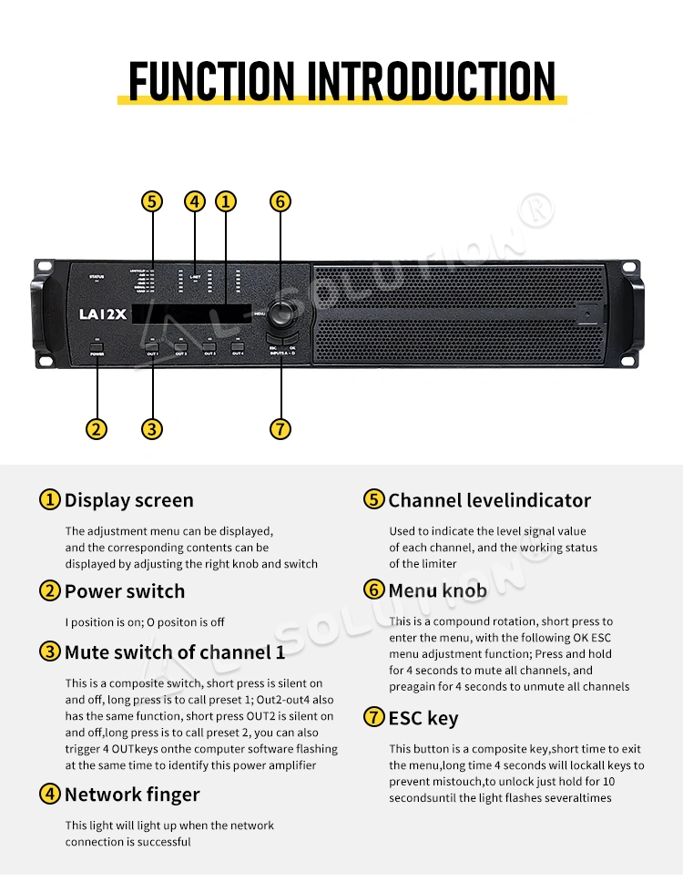 Introduction to the panel buttons and functions of L-solution professional performance amplifier LA12X