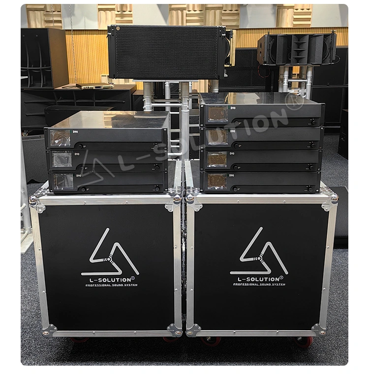 The display of multiple L-solution professional power amplifiers D90 and transportation-specific flying-cases