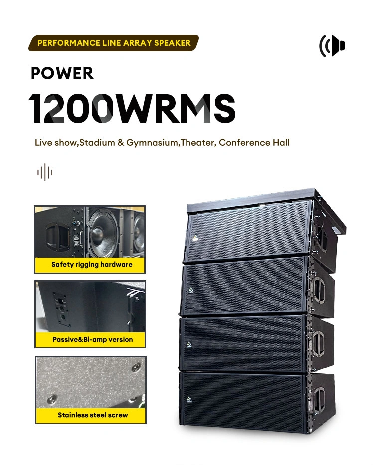 The PERFORMANCE LINE ARRAY SPEAKER delivers 1200WRMS of power, equipped with safety-certified rigging hardware and stainless steel screws, offering passive/bi-amp flexibility for high-impact sound in live shows, stadiums, theaters, and conference halls.