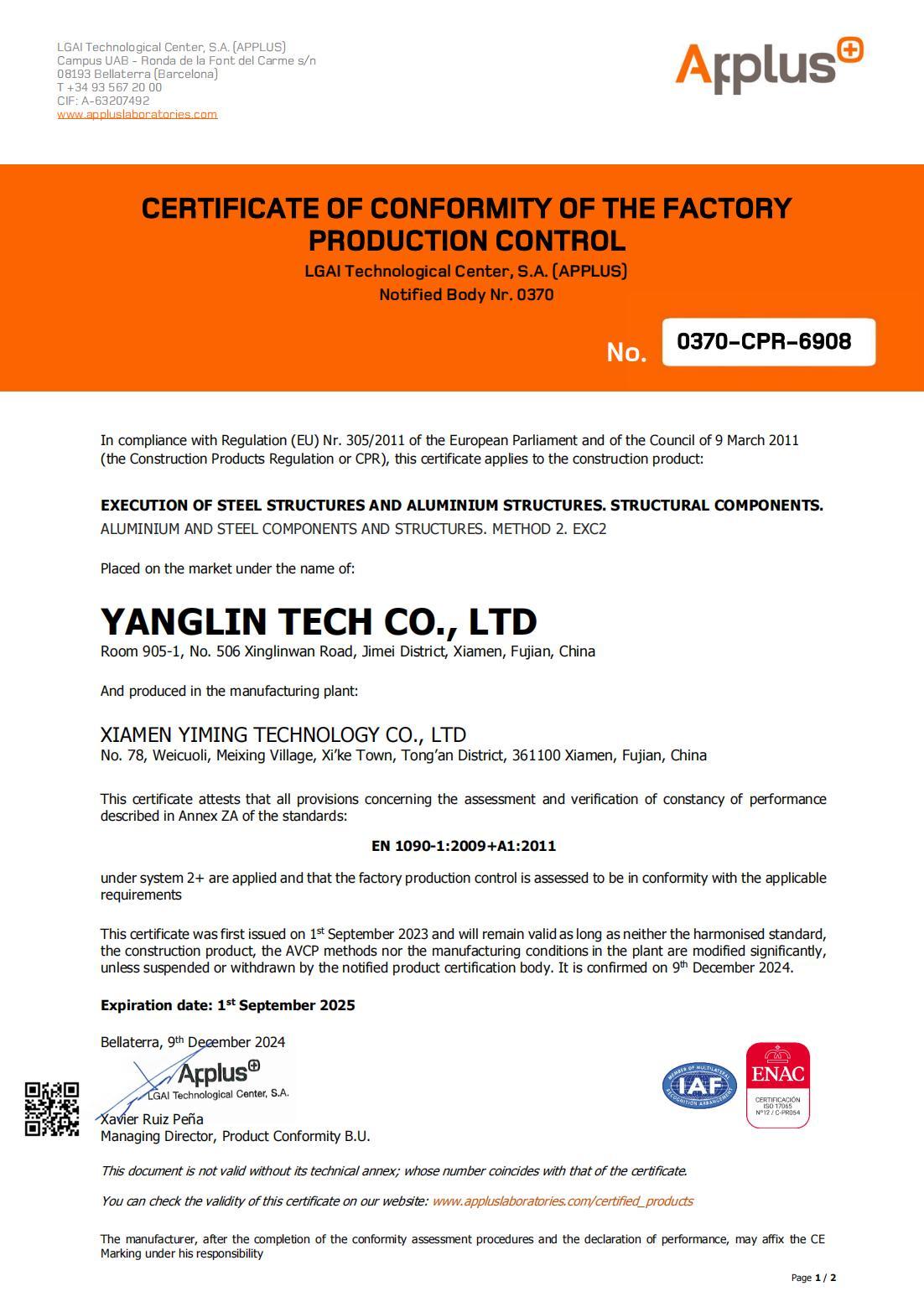 EN 1090-1:2009 Certificate EN 1090-1:2009 Certificate