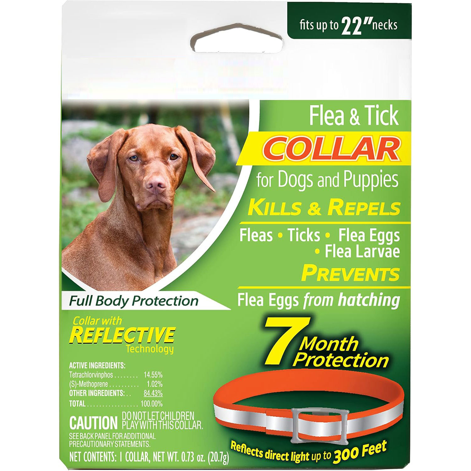 Flea & Tick Collar for Dogs and Puppies, 7 Month Flea and Tick Prevention and Protection Per Collar, Reflective Orange, up to 22 Inch Neck
