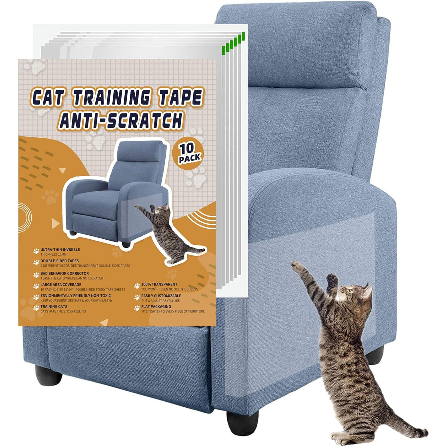 Anti Scratching Tapes, 10pcs Furniture Protectors For Cats, 0.1mm Cat Couch Protector, Clear Double Sided Cat Scratch Deterrent Tape for Furniture, Couch, Sofa, Chair and Leather, Cat Training Tape