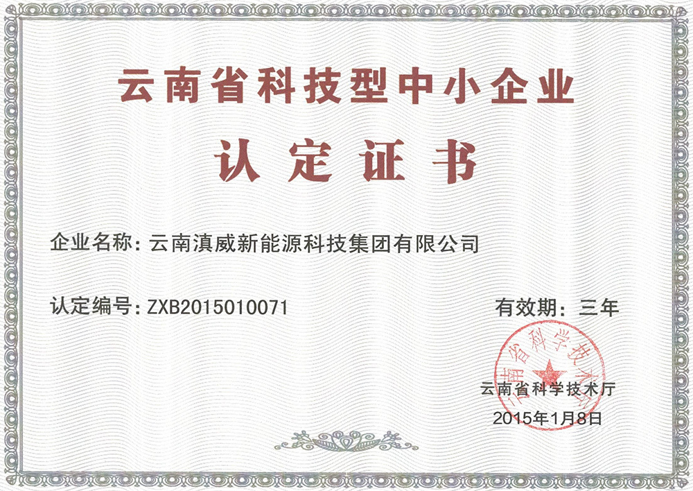 云南省科技型中小企业认定证书 云南省科技型中小企业认定证书