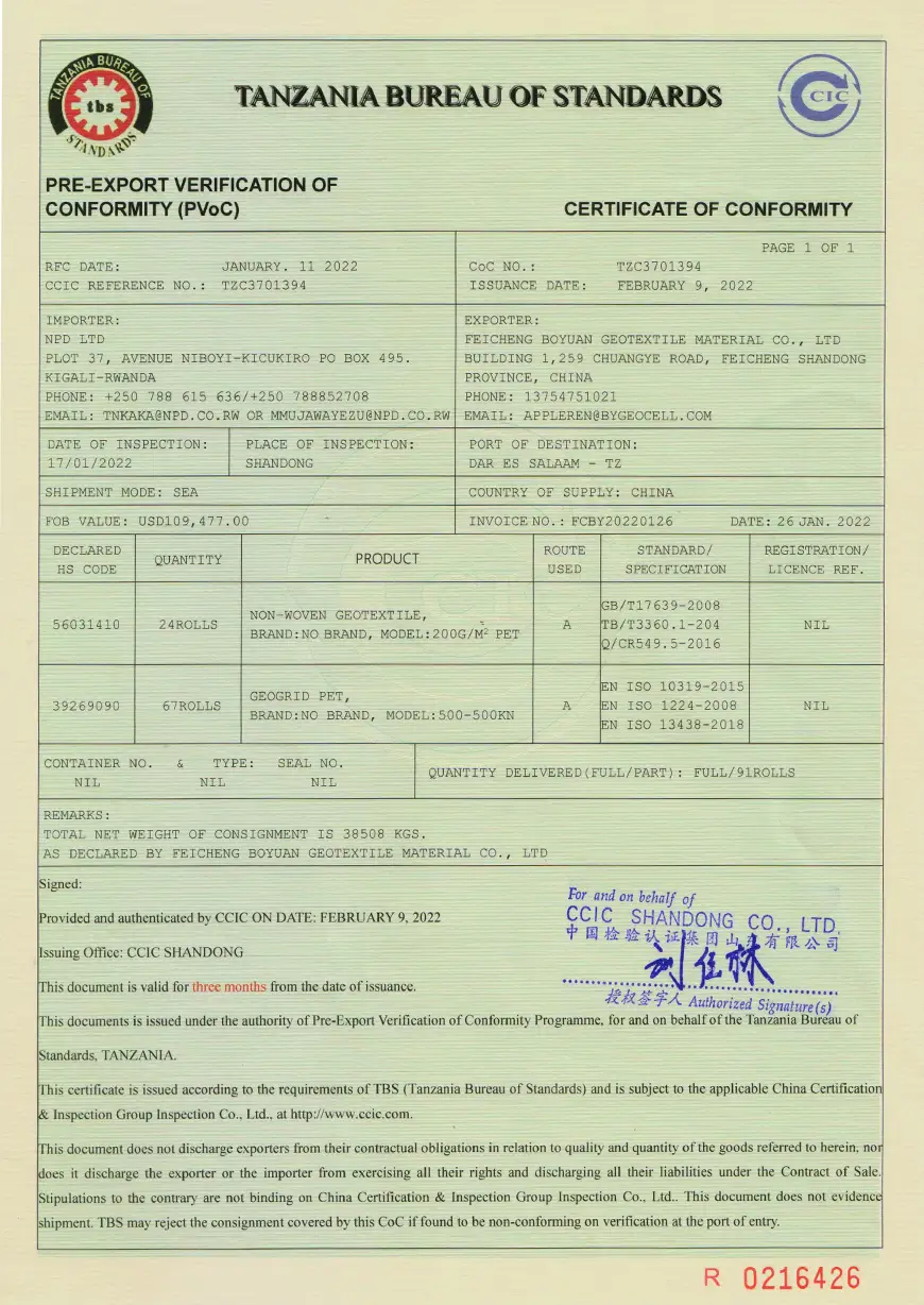 CERTIFICATE OF CONFORMITY CERTIFICATE OF CONFORMITY
