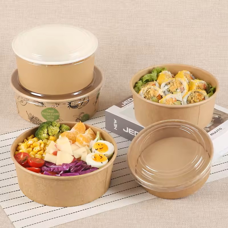 Disposable kraft paper bowl packaging salad box takeaway round paper lunch box with lid