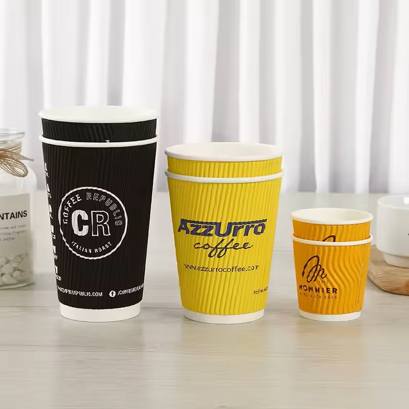 Custom logo printed paper cup 8/12/16oz ripple wall bubble boba tea paper cup double wall paper coffee cup